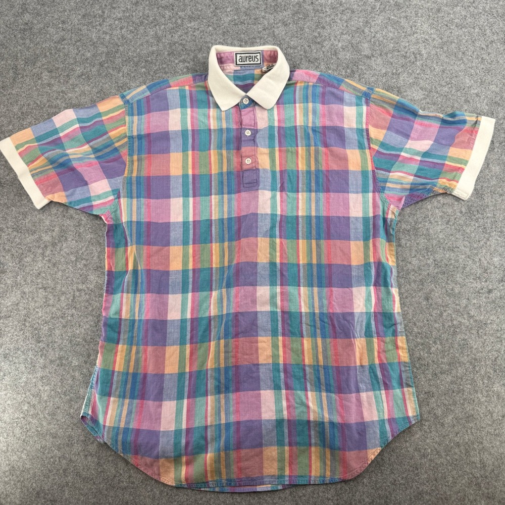 Vintage Aureus Mens Plaid Polo Shirt Short Sleeve Multi Color Retro Size M 75